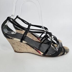 Burberry Black Patent Leather Criss Cross Wedge Sandals Size 36.5